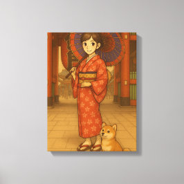 Japan Stroll – Kimono Meisje en Shiba hond Art Pri Canvas Afdruk