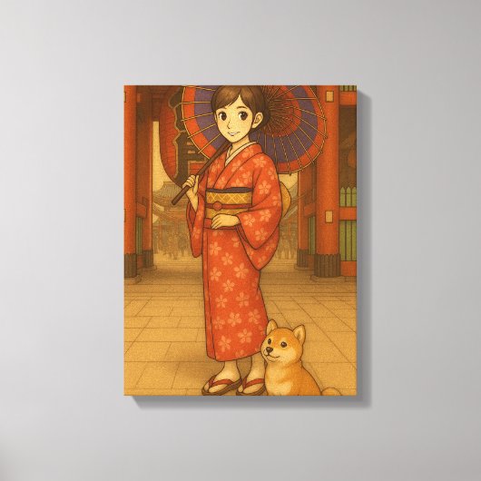 Japan Stroll – Kimono Meisje en Shiba hond Art Pri Canvas Afdruk (Voorkant)