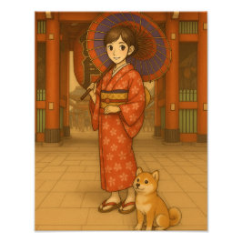 Japan Stroll – Kimono Meisje en Shiba hond Art Pri Foto Afdruk