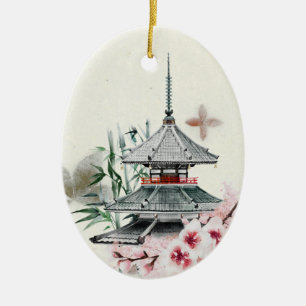 Japan Temple, Bamboe, Cherry Blossom Kerstmis Keramisch Ornament