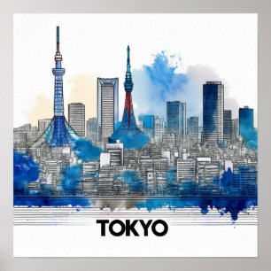 Japan Tokyo Silhouet - Waterverf Tokyo Silhouet Poster