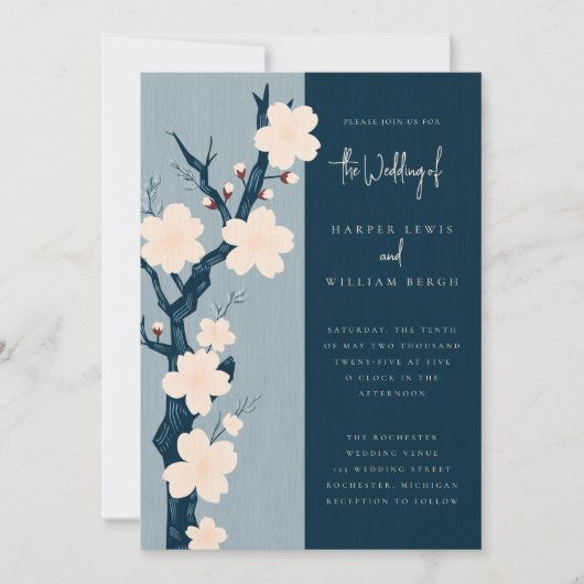 Japandi blauwe kersenbloesem bruiloft kaart (Voorkant)