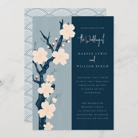 Japandi blauwe kersenbloesem bruiloft kaart (Voorkant / Achterkant)