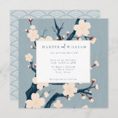 Japandi bloemen blauw en roze bruiloft uitnodiging (Voorkant / Achterkant)