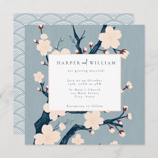 Japandi bloemen blauw en roze bruiloft uitnodiging (Voorkant / Achterkant)