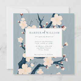 Japandi bloemen blauw en roze bruiloft uitnodiging