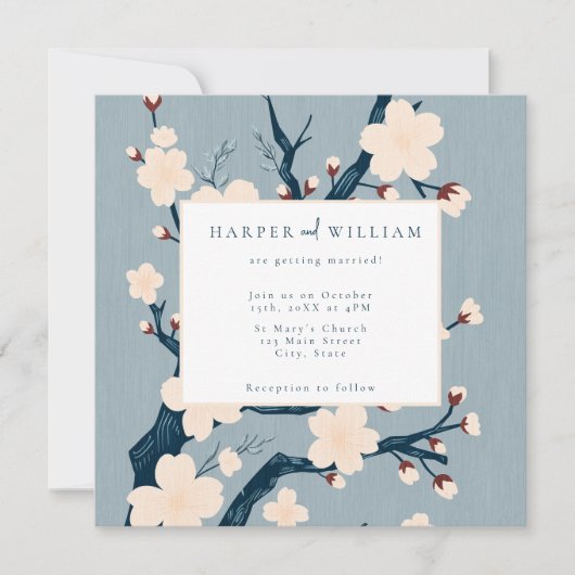 Japandi bloemen blauw en roze bruiloft uitnodiging (Voorkant)