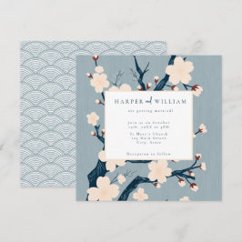 Japandi bloemen blauw en roze bruiloft uitnodiging