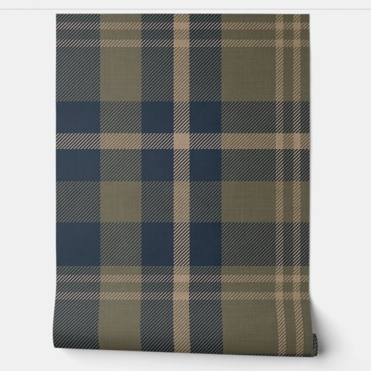 Japandi Farmhouse Plaid in Navy and Olive Behang (Afrollen)
