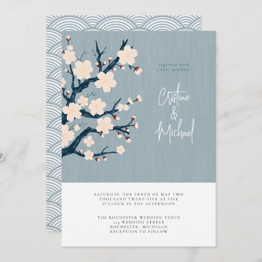 Japandi kersenboom bruiloft uitnodiging (Voorkant / Achterkant)