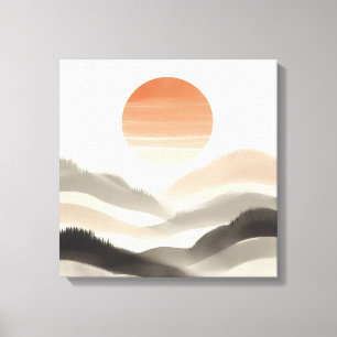 Japandi Mistige Zonsopgang Zachte Natuur Laagjes Canvas Afdruk