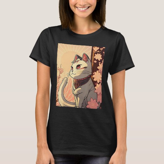 Japanese Aesthetic Cute cat japan Sakura Cherry Bl T-shirt (Voorkant)