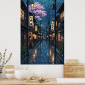 Japanese Alley Rain Night Cozy Anime Blossom urban Poster (Keuken)