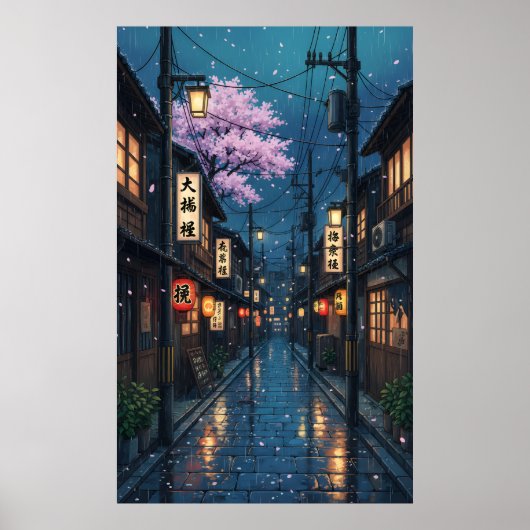 Japanese Alley Rain Night Cozy Anime Blossom urban Poster (Voorkant)