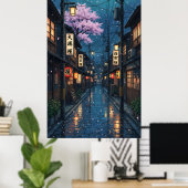 Japanese Alley Rain Night Cozy Anime Blossom urban Poster (Thuiskantoor)