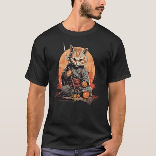 Japanese anime kawaii cat samurai ninja drinking t t-shirt (Voorkant)