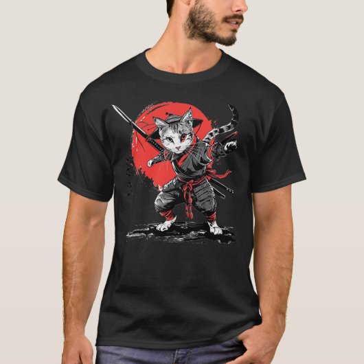 Japanese Art Cat Ninja Ukiyo-e Anime Style Samurai T-shirt (Voorkant)