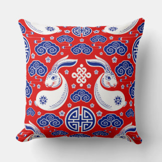 Japanese Art Rabbit Red, Blue Throw Pillows Kussen