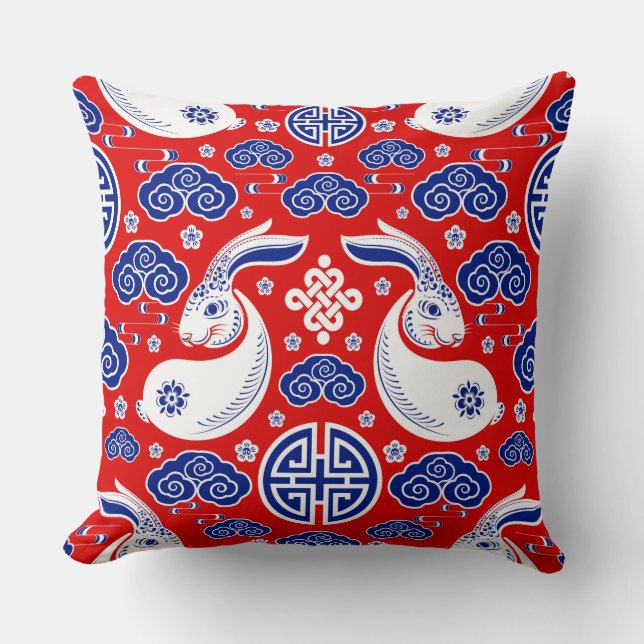 Japanese Art Rabbit Red, Blue Throw Pillows Kussen (Voorkant)