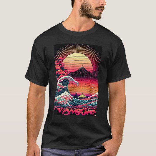Japanese Art Ukiyo-e Style Retrowave Great Wave Of T-shirt (Voorkant)