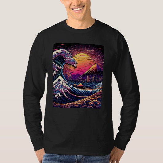 Japanese Art Ukiyo-e Style Retrowave Great Wave Of T-shirt (Voorkant)