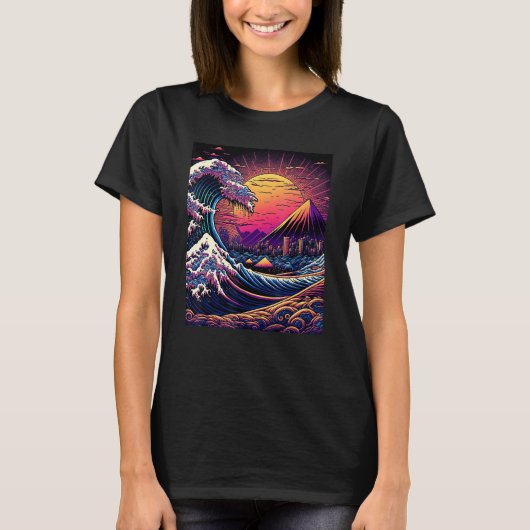 Japanese Art Ukiyo-e Style Retrowave Great Wave Of T-shirt (Voorkant)