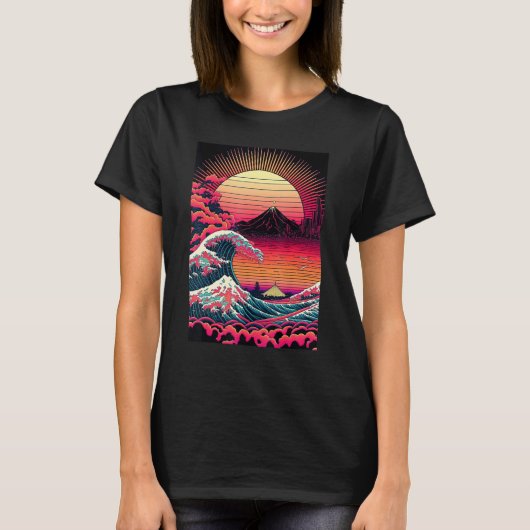 Japanese Art Ukiyo-e Style Retrowave Great Wave Of T-shirt (Voorkant)