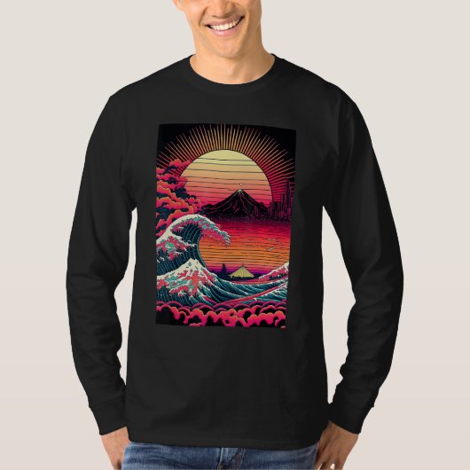Japanese Art Ukiyo-e Style Retrowave Great Wave Of T-shirt (Voorkant)