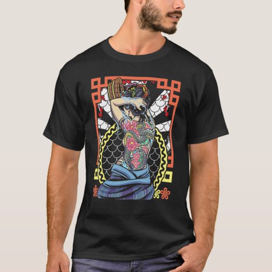 Japanese Artwork Geisha Snake Flower T-shirt (Voorkant)