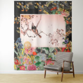 JAPANESE BIRD MET STROMEN OP DE ZWARTE Tapestry Wandkleed (In situ)