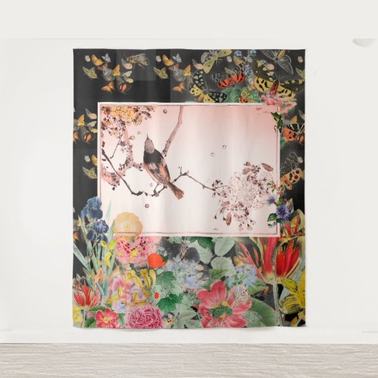 JAPANESE BIRD MET STROMEN OP DE ZWARTE Tapestry Wandkleed (Voorkant)