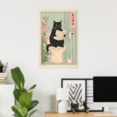 Japanese Black Cat on Toilet Print Funny Bathroom (Thuiskantoor)