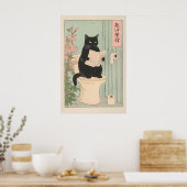 Japanese Black Cat on Toilet Print Funny Bathroom (Keuken)