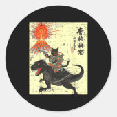 Japanese Black Cat On Trex Funny Ukiyo-e Boys Kids Ronde Sticker (Voorkant)