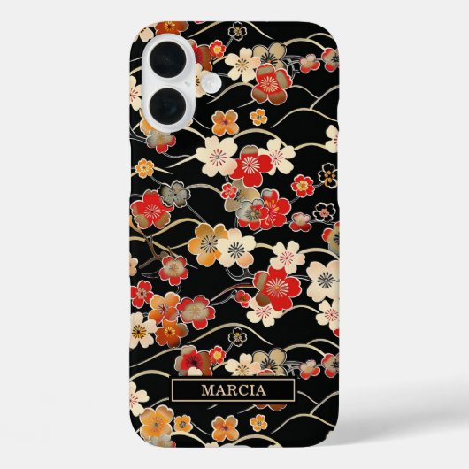 Japanese Black Floral Pattern Monogrammed Case-Mate iPhone Case (Achterkant)