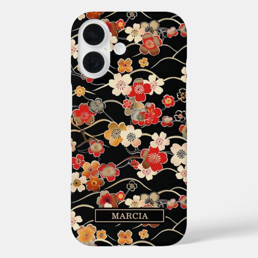 Japanese Black Floral Pattern Monogrammed Case-Mate iPhone Case (Achterkant)
