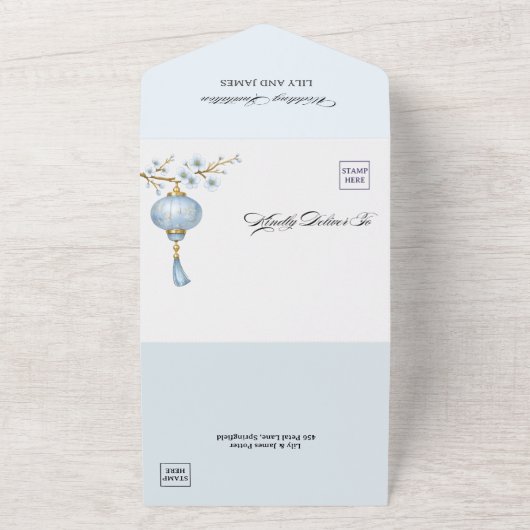 Japanese Blue Lantern Wedding All In One Uitnodiging (Buitenkant)