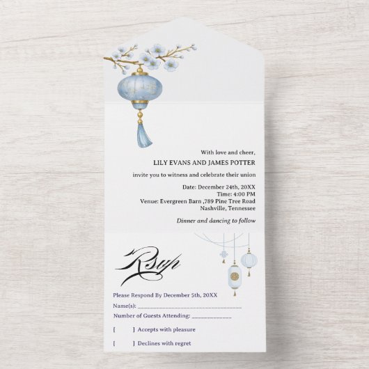 Japanese Blue Lantern Wedding All In One Uitnodiging (Binnen)