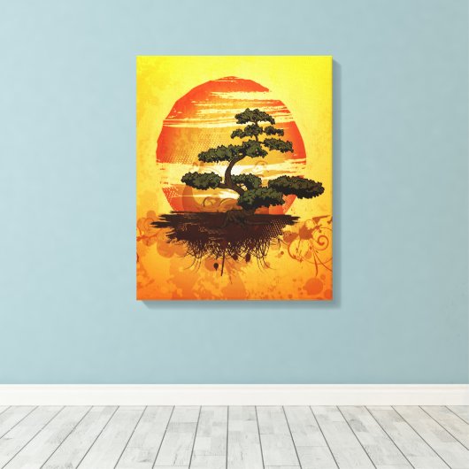 Japanese Bonsai Tree Sunset Canvas Afdruk (Insitu (Houten vloer))