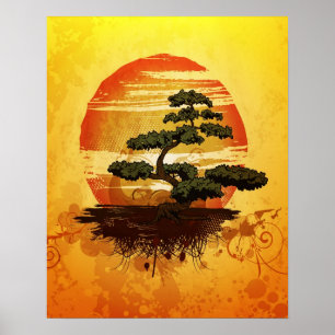 Japanese Bonsai Tree Sunset Poster