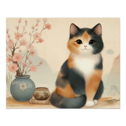 Japanese calico cat and flower perfect poster (Voorkant)