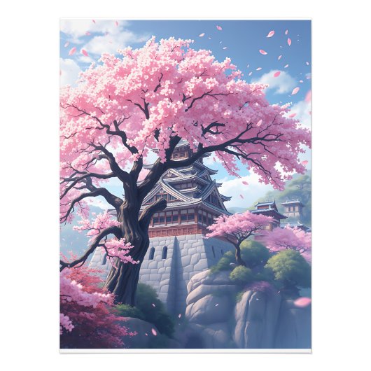 Japanese Castle in Cherry Blossom Spring – Elegant Foto Afdruk (Voorkant)