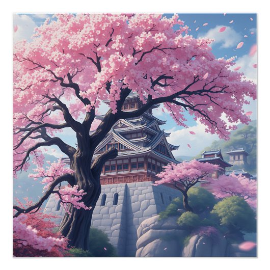 Japanese Castle in Cherry Blossom Spring – Elegant Perfect Poster (Voorkant)