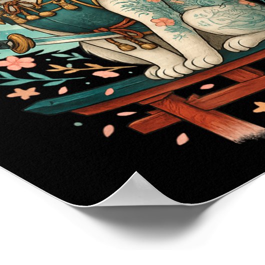 Japanese Cat Cherry Blossom Samurai Moonlight  Poster (Hoek)