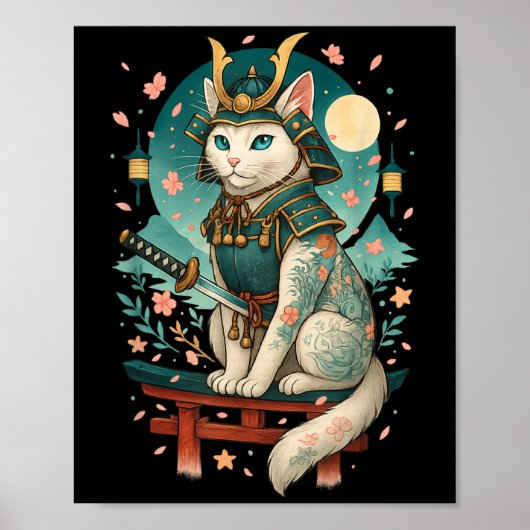 Japanese Cat Cherry Blossom Samurai Moonlight  Poster (Voorkant)