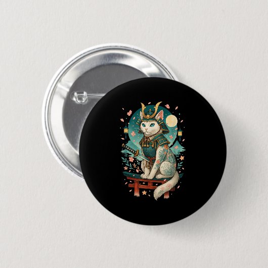 Japanese Cat Cherry Blossom Samurai Moonlight Ronde Button 5,7 Cm (Voorkant /achterkant)