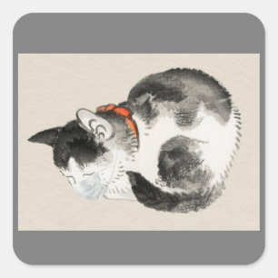 JAPANESE CAT MET MASKSTICKERS-ETIKETTERS VIERKANTE STICKER