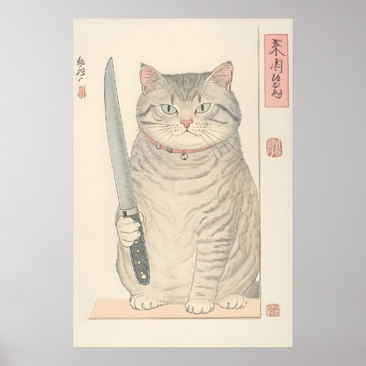 Japanese Cat Print Funny Tabby Cat with Knife (Voorkant)
