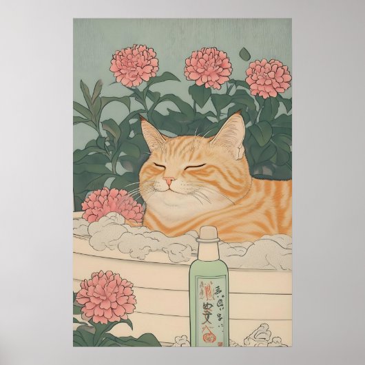 Japanese Cat Print Ginger Tabby in Bathroom (Voorkant)