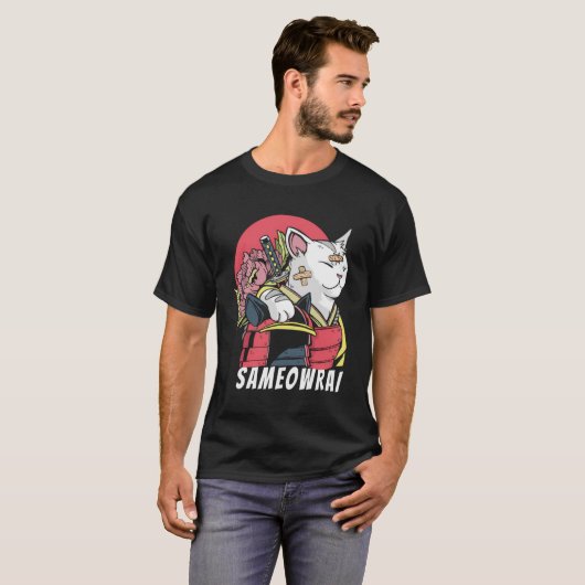 Japanese Cat Samurai Katana Sameowrai Anime Funny T-shirt (Voorkant volledig)